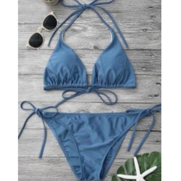 Zaful Other - NWT zaful slate blue triangle bikini w tie bottoms